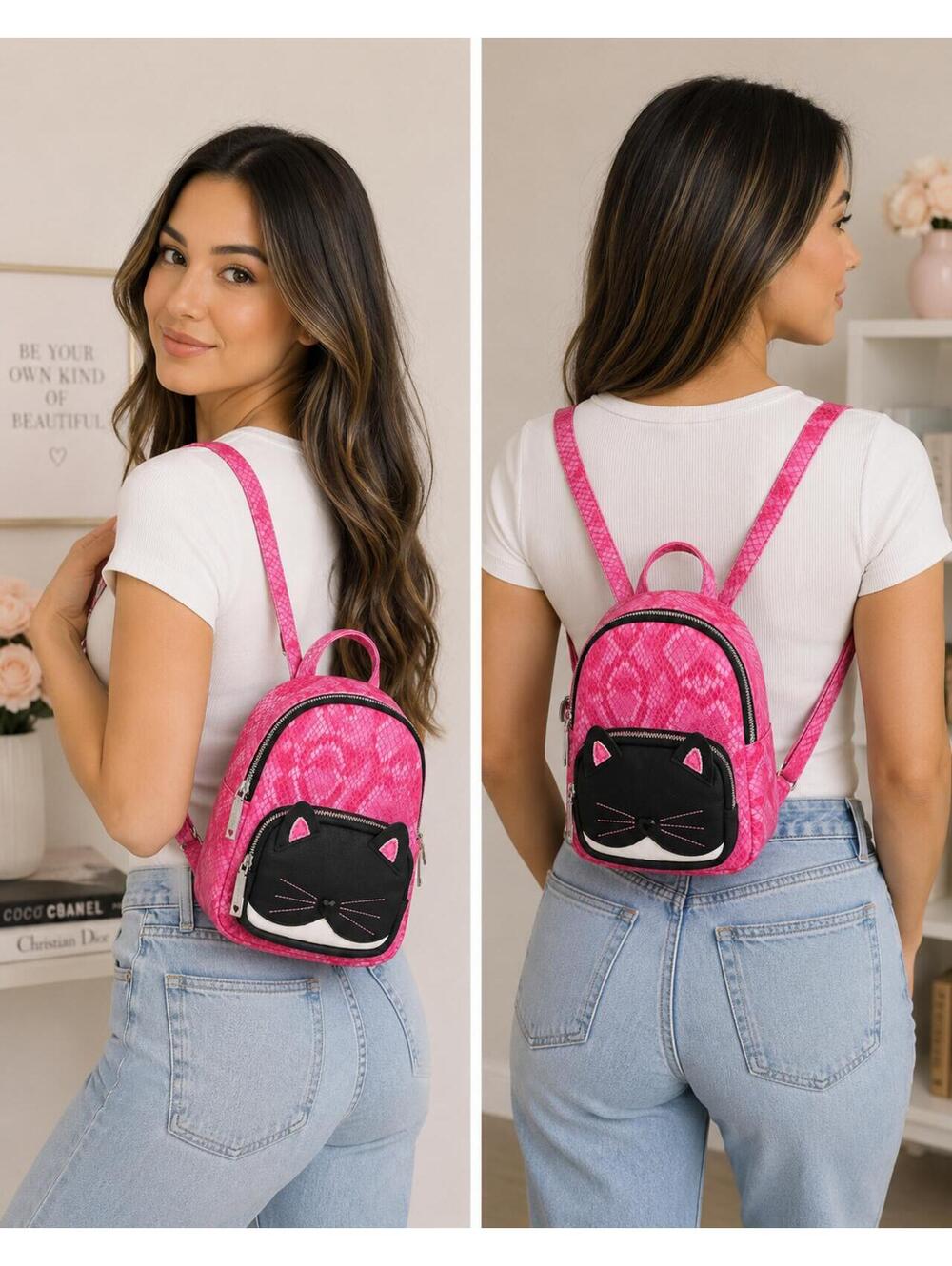 Betsey Johnson Pink and Black Cat Mini Backpack